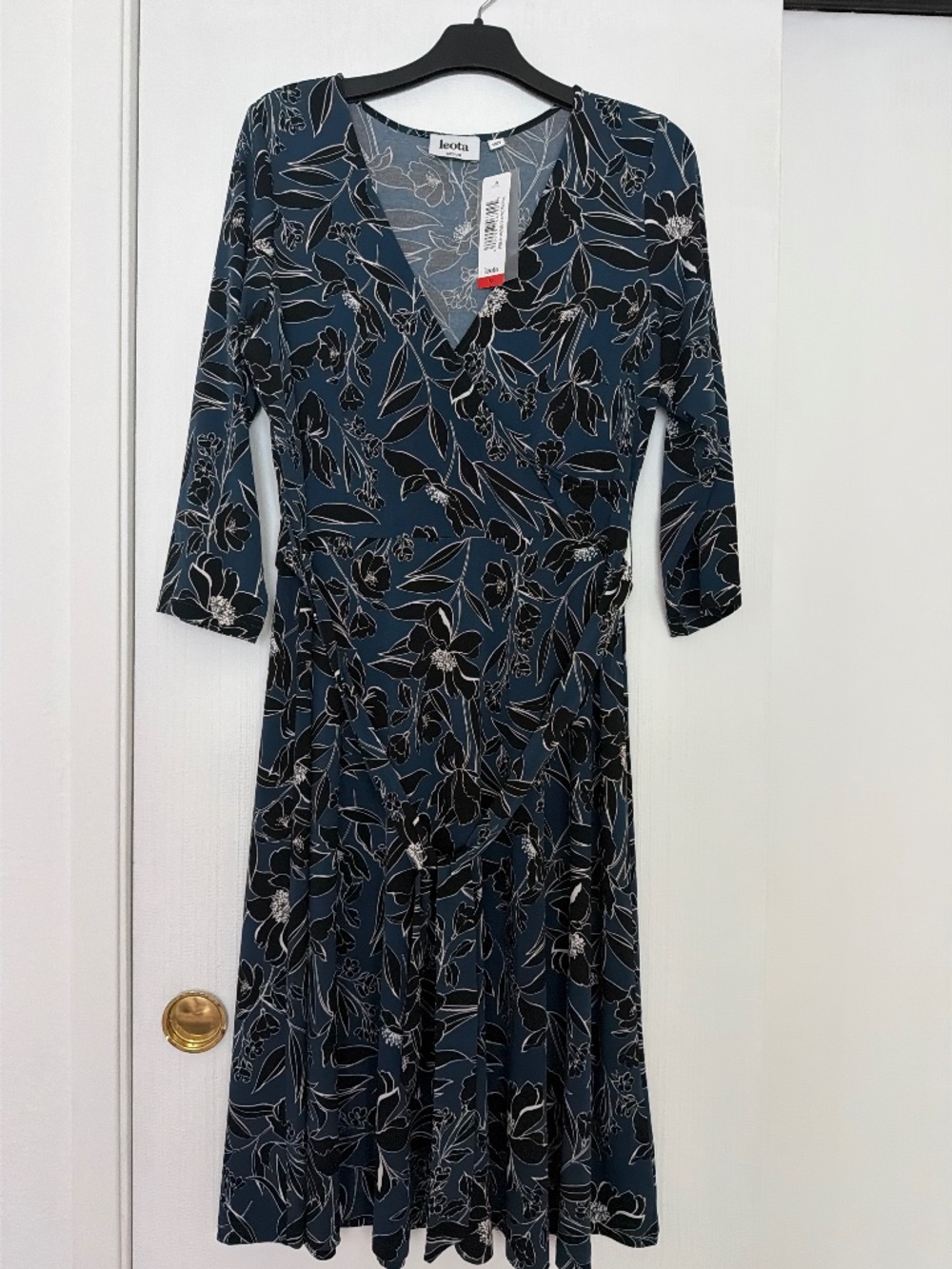 Leota Floral Midi Dress Size Medium Teal Blue Black 3/4 Sleeve NWT